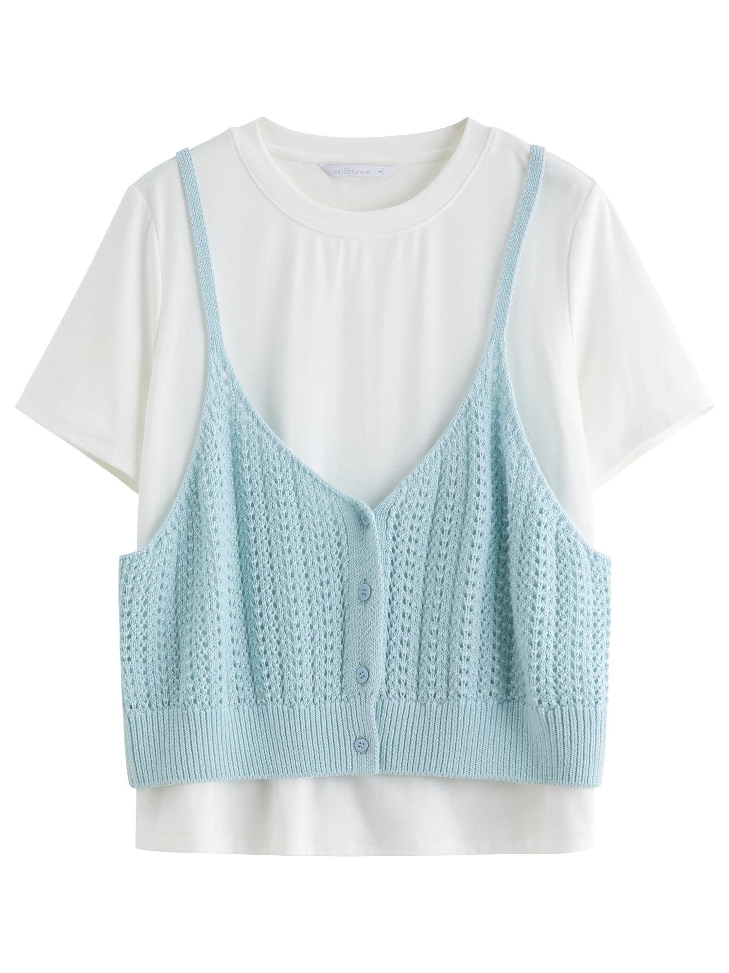 DUSHU femmes Simple tissé T-shirt bretelles costume 2025 été nouvelle mode mince deux pièces costume 25DS82766