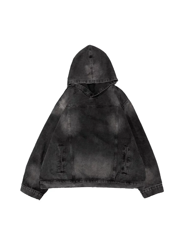 

American Sle Loose Fit Men's Denim Hoodie Vintage Waed Outerwear Youth Trendy Long Sve Zipper Closure Casual Jaet