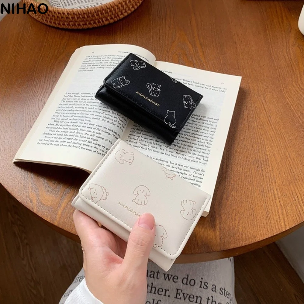 Lightweight Korean-Style Cartoon Trifold Wallet Minimalist Cute Pattern Card Holder Cat Dog Rabbit Pu Leather Coin Purse Dating