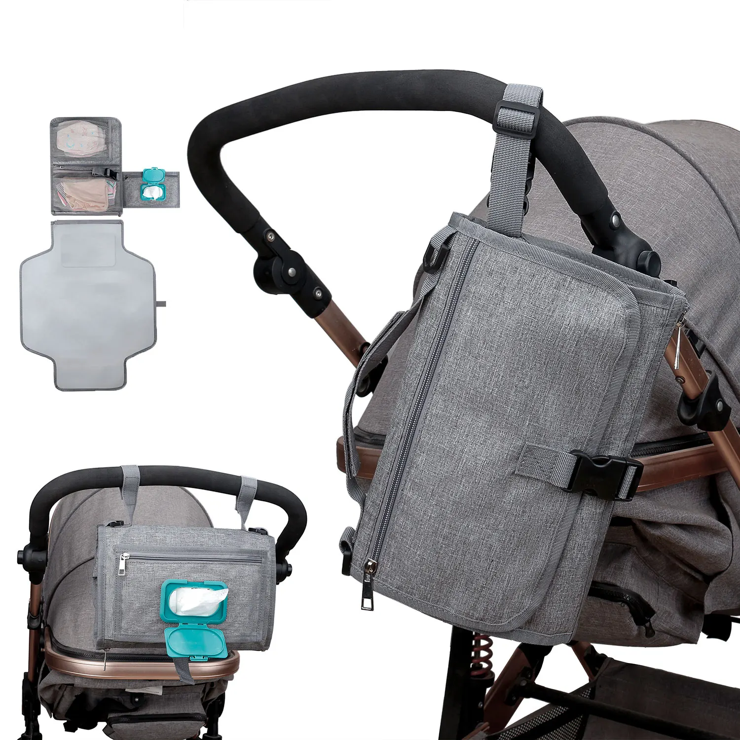 

2 in 1 Baby Stroller Bag Travel Outdoor Waterproof Portable Diaper Changing Pad Mat With Wipes Pocket 3 Color