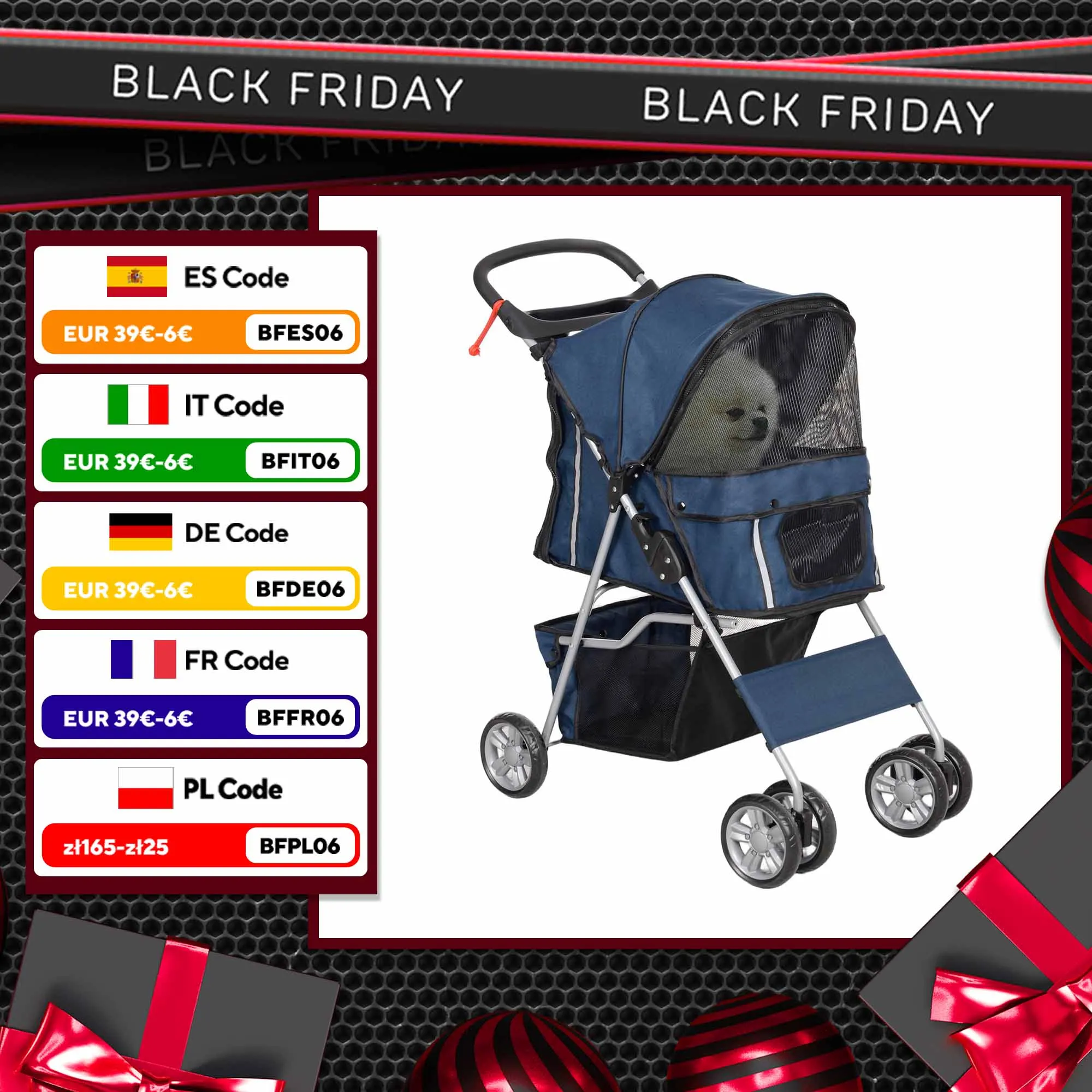 Carrello per cani pieghevole PawHut passeggino per animali domestici carrello per cani di piccola taglia con cestino portaoggetti regolabile per tende da sole