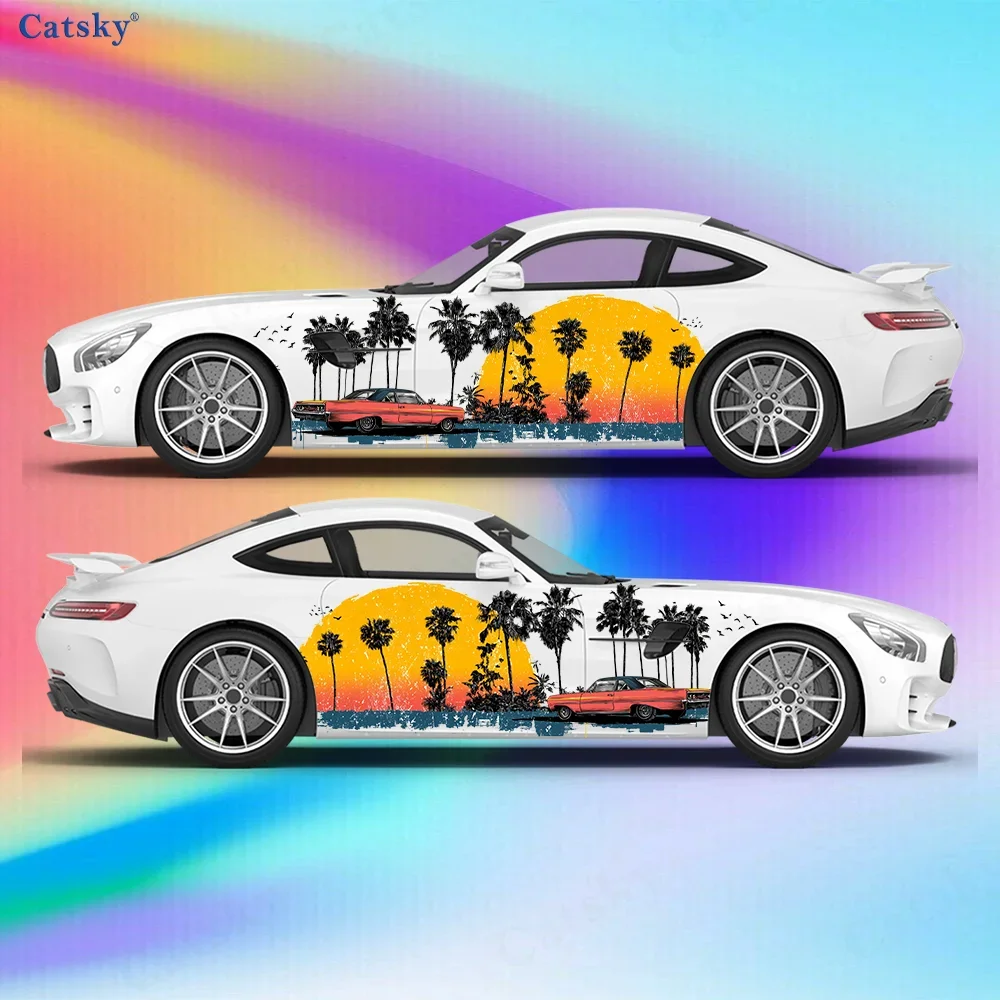 2pcs Palm Tree and Sunset Car Vinyl Wraps Decal Self-adhesive PVC Sticker Suitable for Trucks Decoration Auto Accessories Gift