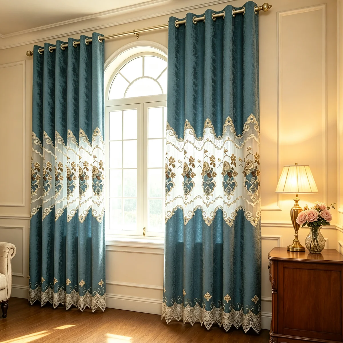 European Chenille Punch Embroidered Curtains, Hollow Retro Style for Villa Living Room & Bedroom Home Decoration