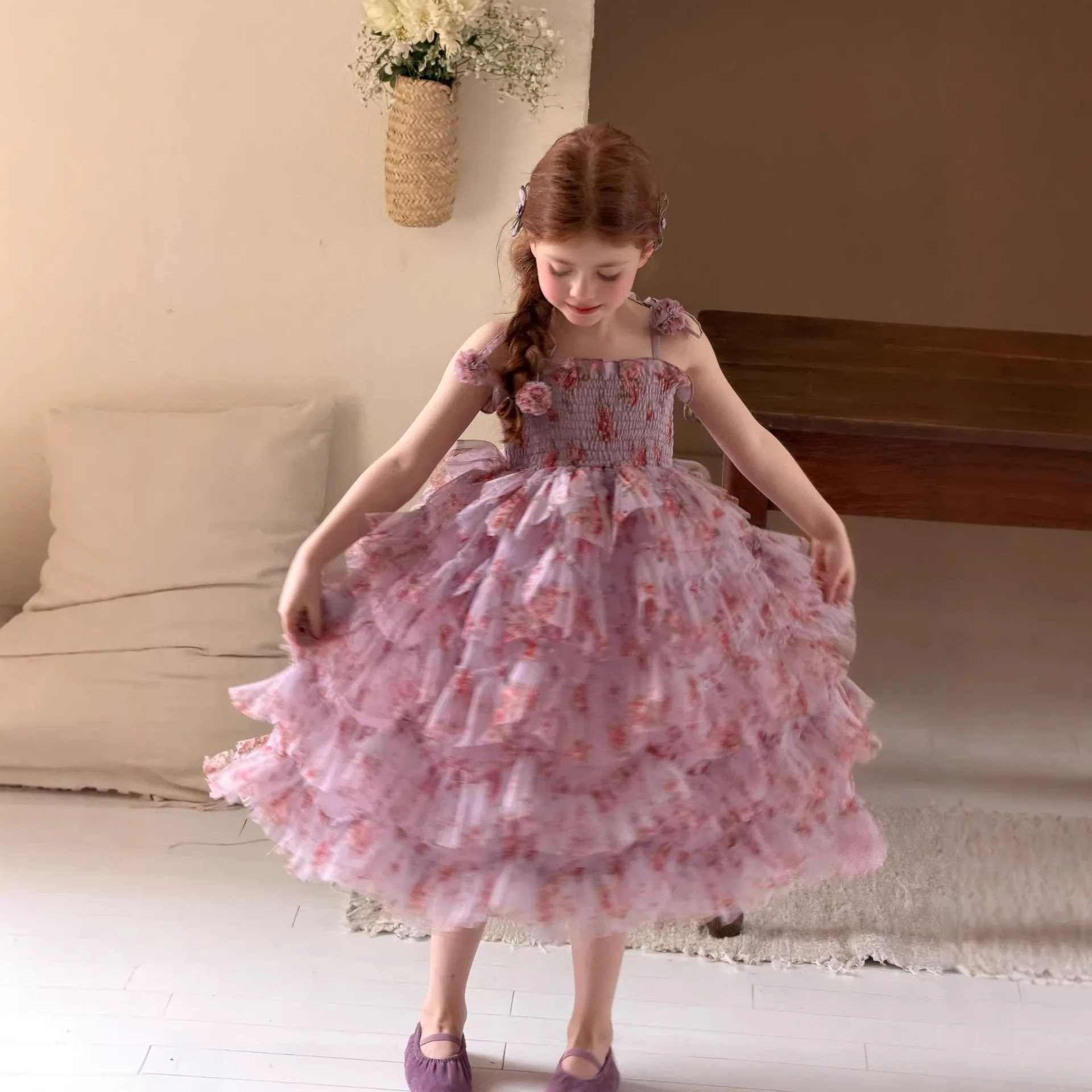 

Children's clothing girls' dress 2026 spring/summer new item solid color mesh floral suspender skirt