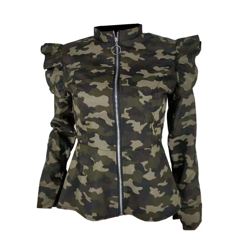 Plus Size Camouflage Jacket Women Clothes Spring Peplum Bomber Jacket Autumn Steetwear Long Sleeve Casual Camo Coats