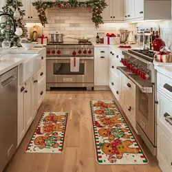 VIKAMA Lovely Christmas Gingerbread Man Long Crystal Velvet Carpet Kitchen Bathroom Absorbent Non-Slip Cushion Home Decor