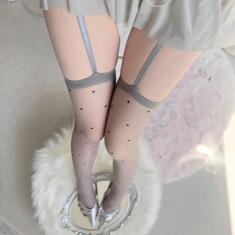 JK Black Stockings Women's Summer Bare Leg Polka Dot Over-the-Knee Thigh Stockings With Suspender Straps