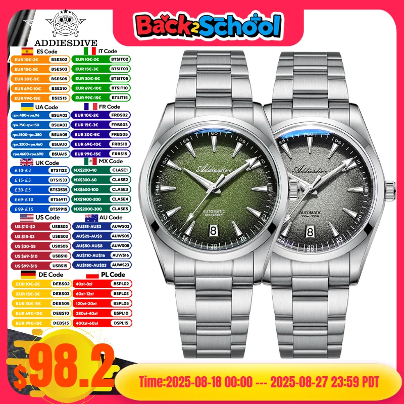 

ADDIESDIVE Man Watch Luminous Ceramic Ring 10Bar Waterproof 316L Stainless Steel Automatic Mechanical Diver Watch