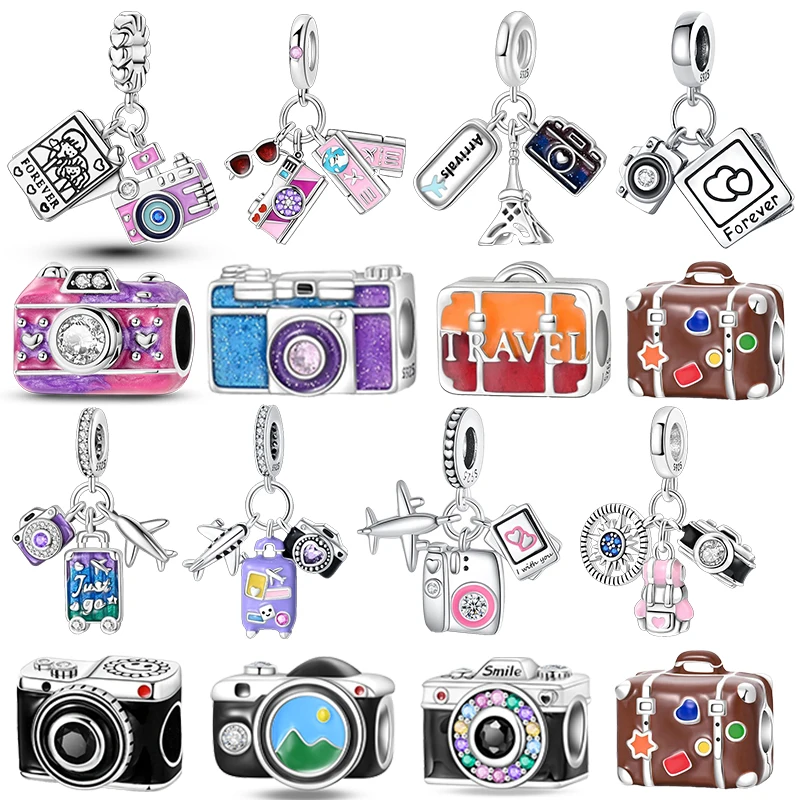 925 Sterling Silver Fashion Colorful Camera Luggage Travel Backpack Pendant Charms Beads Fit Bracelets DIY Anniversary Jewelry