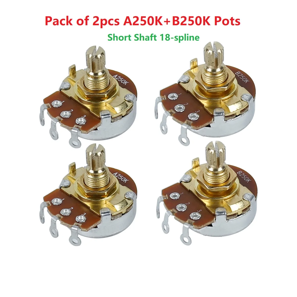 FLEOR 4PCS Short Shaft 18-spline Guitar Potentiometers Pots A250K B250K Golden