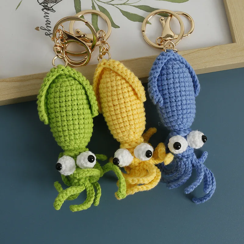 Funny Squid Series Crochet Keychain Handmaking Weaved Cute Squid Keyrings For Bag Pendant Creative Knitted Shrimp Keyrings New