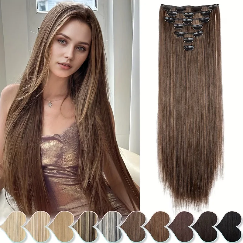 24Inch Synthetic 7pcs/set Long Straight Clip in Hair Extensions Invisible Fake Clips on Hairpieces for Women Party Daily Use