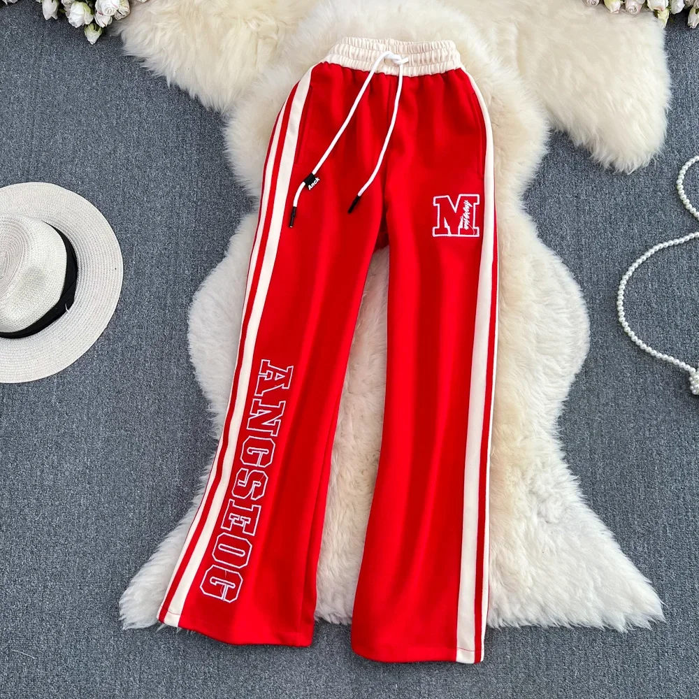 

American Side Stripe Straight Sports Pants Women's Spring Fashion European Casual Letter Embroidery High Waist Drape Trousers