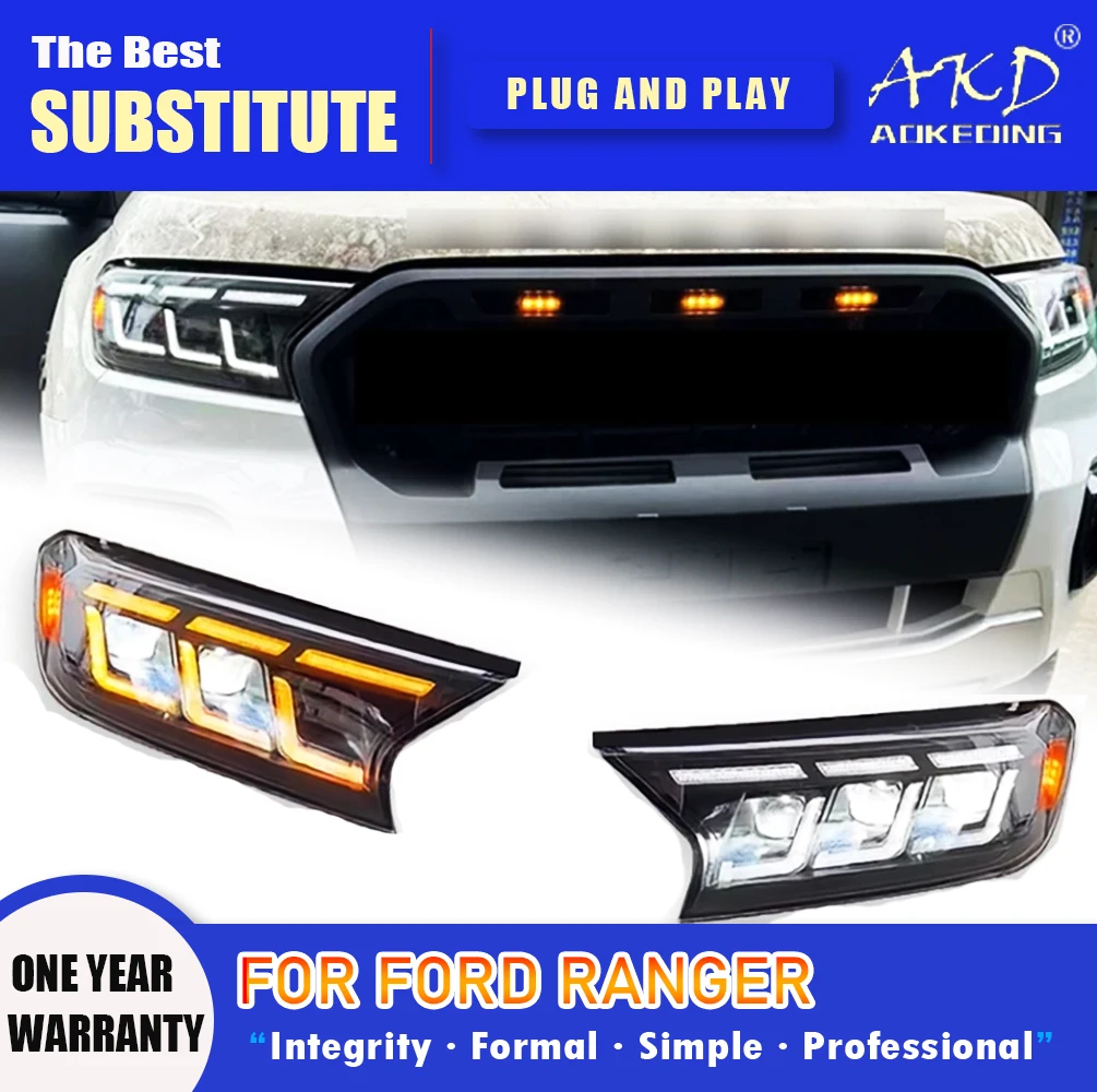 

AKD Head Lamp for Ford Ranger LED Headlight 2015-2021 Headlights Ranger DRL Turn Signal High Beam Angel Eye Projector Lens