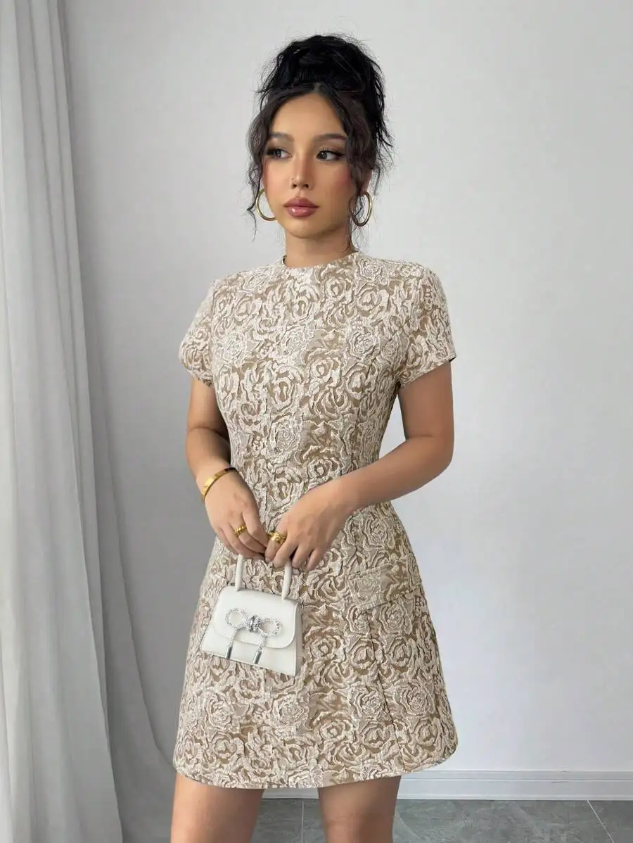 

Elegant French Jacquard Floral Short Dress For Women