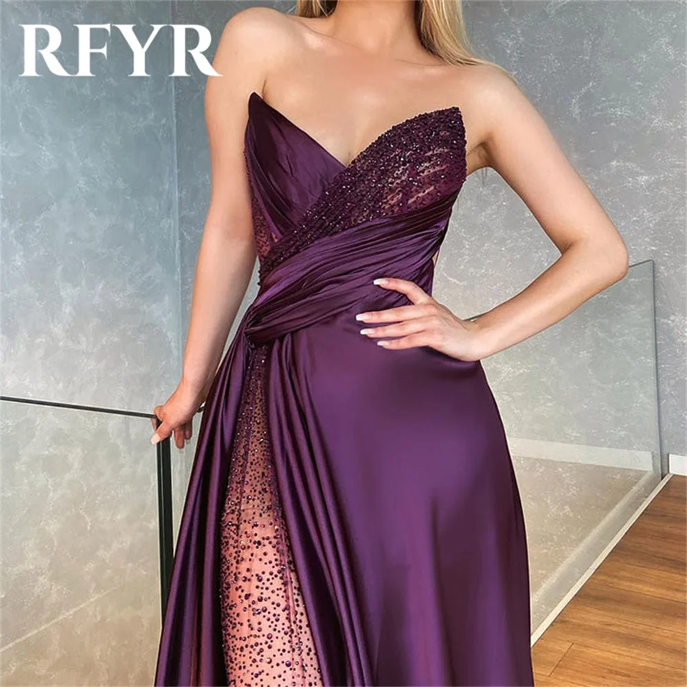 Rfyr roxo elegante colher vestido de noite feminino simples sem mangas com pregas praia divisão lantejoulas baile de formatura vestidos formais vestido personalizado