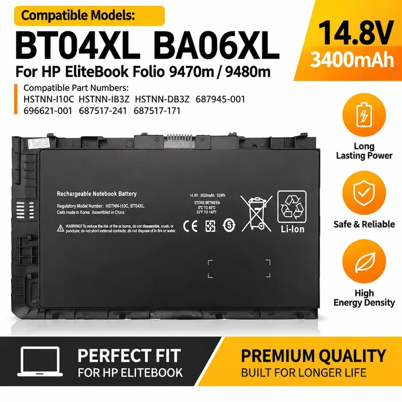 Replacement Battery for HP Folio 9470m 9480m HSTNN-IB3Z DB3Z BT04XL BA06XL Laptop Notebook Power Supply