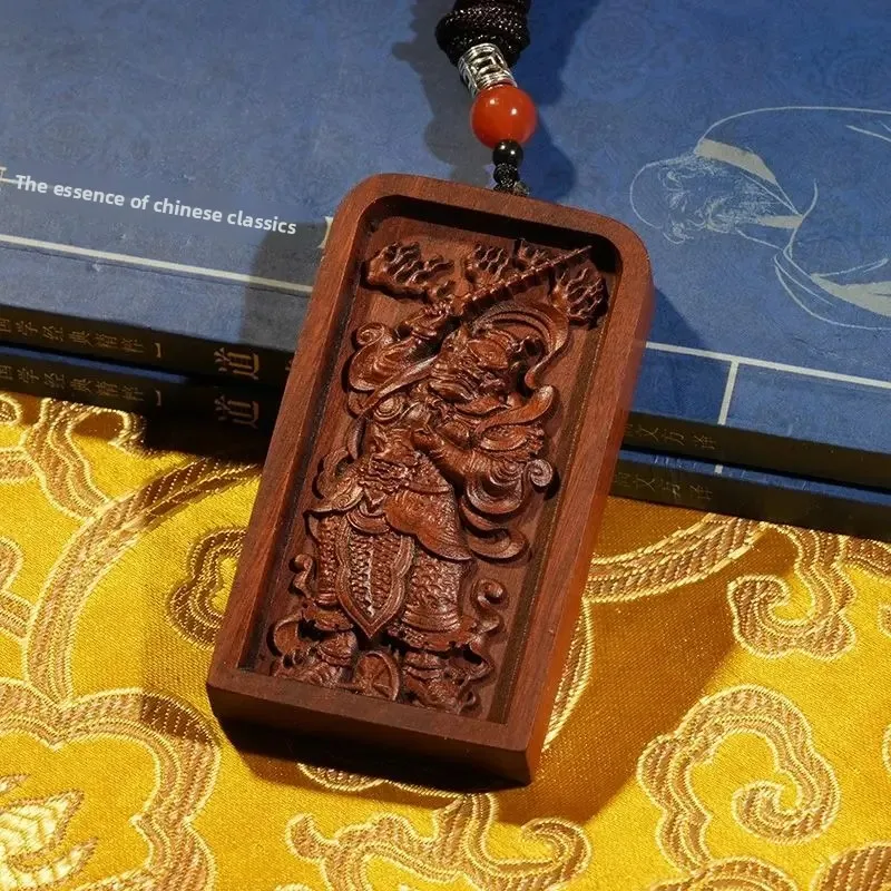 Natural Lightning Strike Jujube Wood Relief Wang Lingguan Wooden Sign Token Carved Double-Sided Handle Pendant Taoist Carved