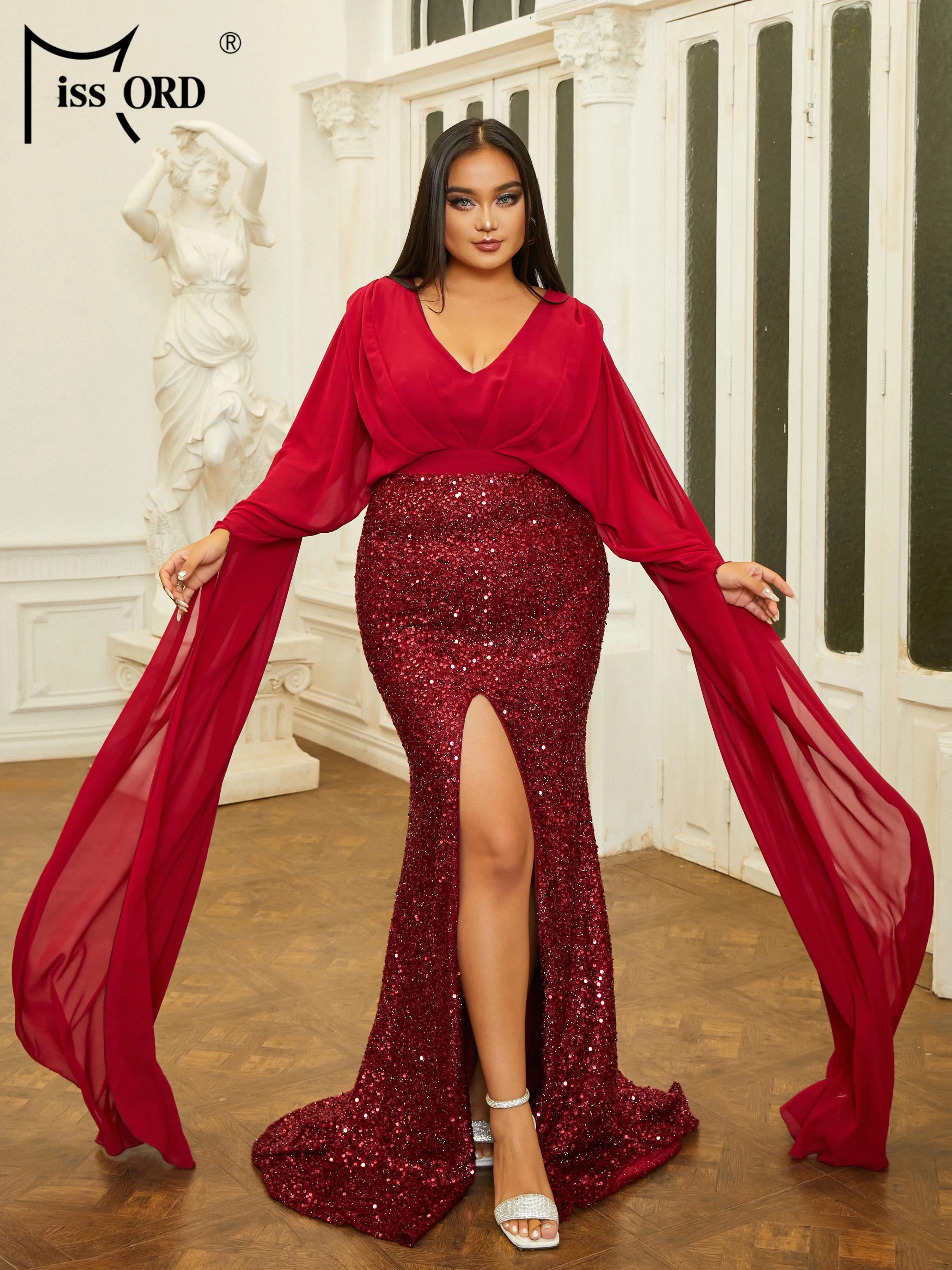 Missord Plus Size New V Neck Panel Sequin Long Sleeve Burgundy Evening Prom Party Formal Occasion Dresses