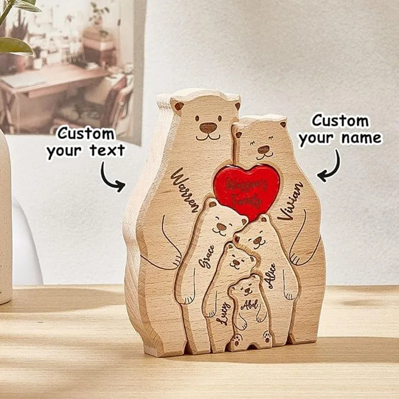 Free Engraving New Bear Family Wooden Puzzle Personalized Custom Name for Birthday Gift Family Name Sculpture Home Desk Decor