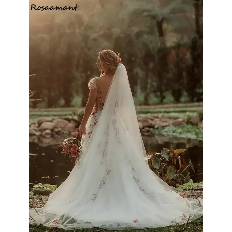 Великолепные 3D цветочные кружевные свадебные платья трапециевидной формы с открытой спиной и короткими рукавами, свадебные платья Robe De Mariée