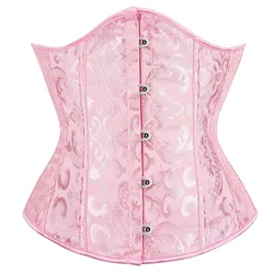 Jacquard Corset Top Women Sexy Boned Lace Up Underbust Bustier Waist Cinchers Body Shaper Gothic Basques Brown Pink