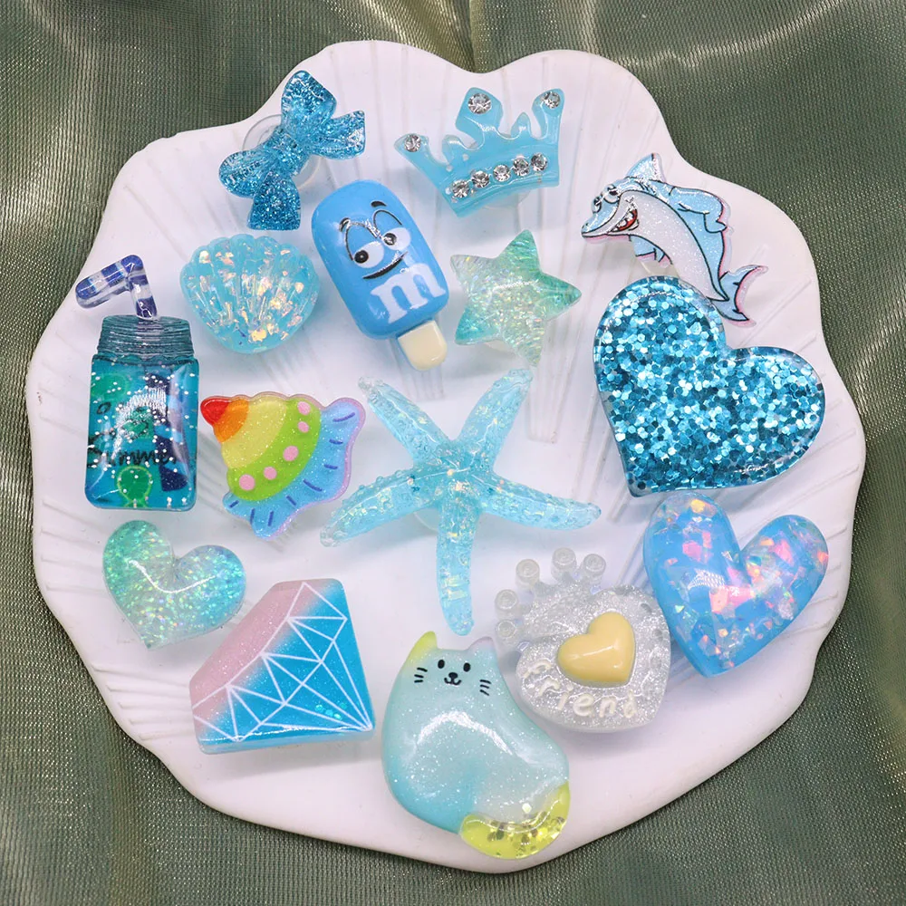 1-15pcs Resin Crown Heart Shell Cat Blue Series Shoe Decorations Boys Cool Shoes Buckle Fit Charms Birthday Gift