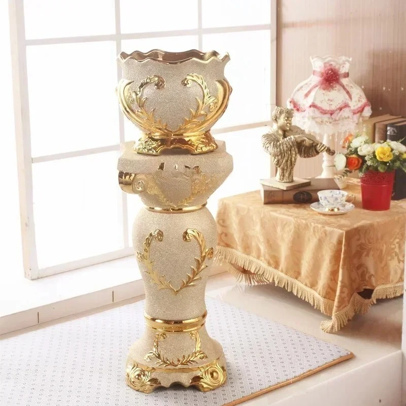 Roman Pillar Living Room Decoration High-Grade Ceramic Gold Floor Vase Large Entrance Decoration Creative