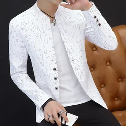 Chinese Style Collarless Suit Jacket for Men Fashion Slim Fit Casual Men Blazers Wedding Business Street Wear Social Coats