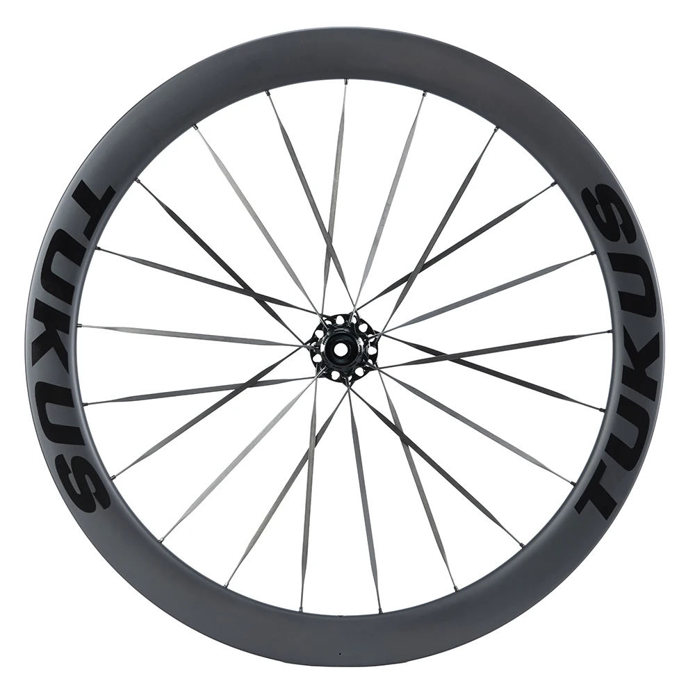 TUKUSWHEELS C50Y 700C Flat Rim Road Bike Thru Axle Center lock Disc Brake Cycling Wheelset Newest Carbon Spokes Rims 18-21H