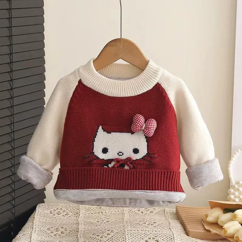 

Kawaii Hello Kitty Sanrio Children Cute Cartoon Comfortable Warm Sweater Add Cotton Knitted Sweater Blouse Gift for Kids