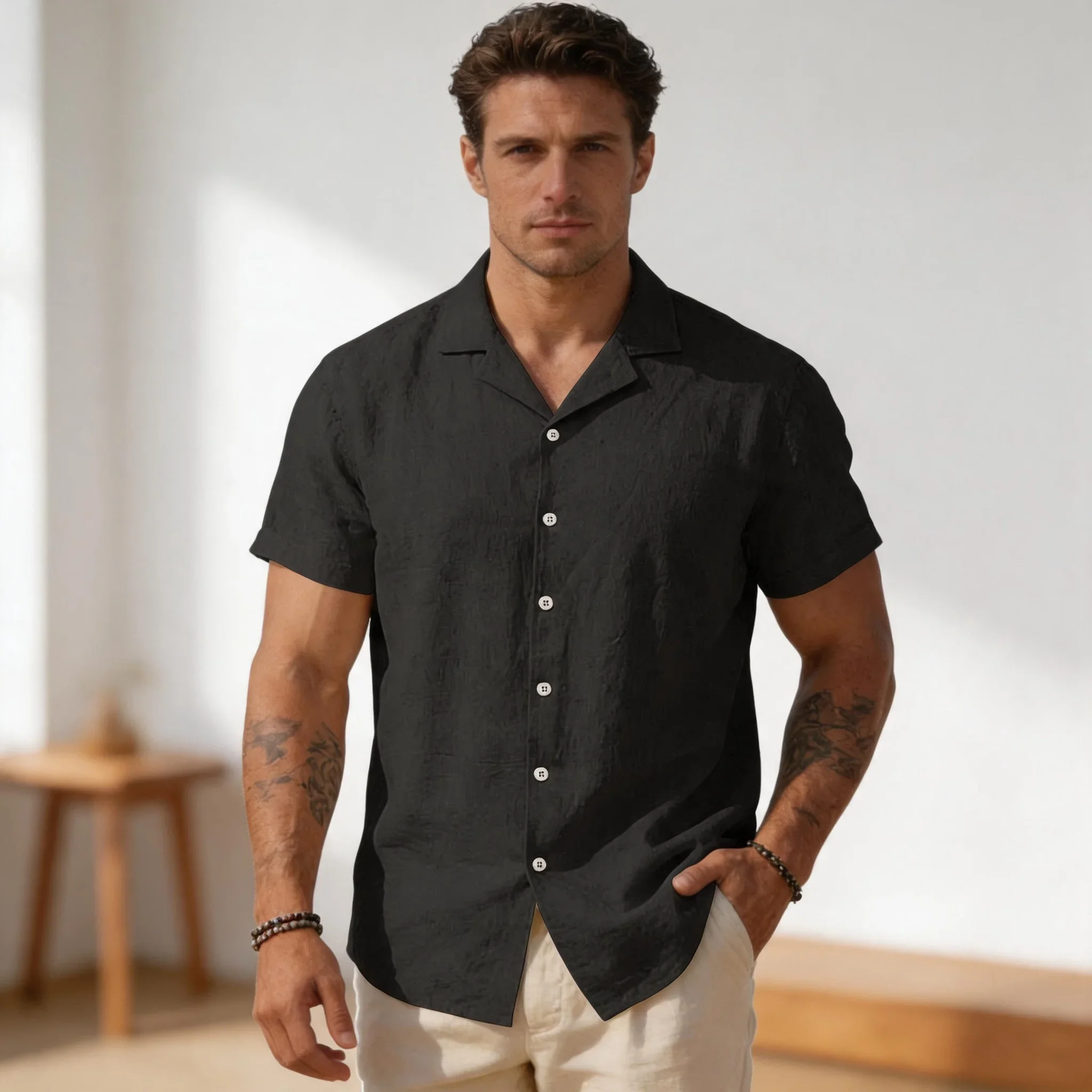 

2026 New Mens Black Linen Shirt Short Sleeve Camp Collar Casual Button Down Summer Breathable Shirt S-XXXL