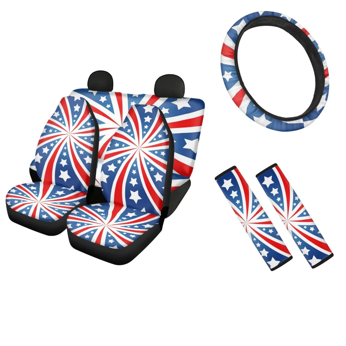 

Radiating Stars and Stripes Car Interior Seat Covers Heavy-Duty Nonslip Steering Wheel Cover and Automotive Seat Belt Pads