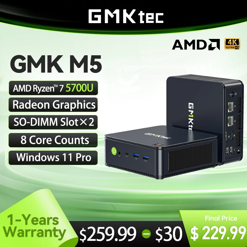 

GMKtec Mini Pc GMK M5 AMD Ryzen 7 5700U NUCBOX Radeon Graphics Core Counts Window 11 Pro WIFI 6E SO-DIMM Slot×2 Max 64GB