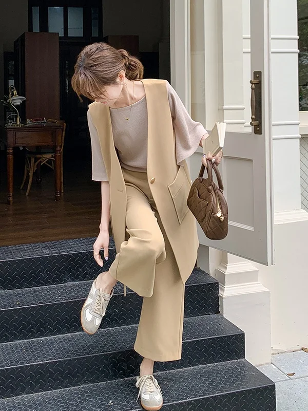 

Комплект: удлиненный кардиган-жилет и брюки с широкими штанинами для женщин, ранняя осень 2025, новинка, базовый комплект из двух предметов, модный, для повседневной носки