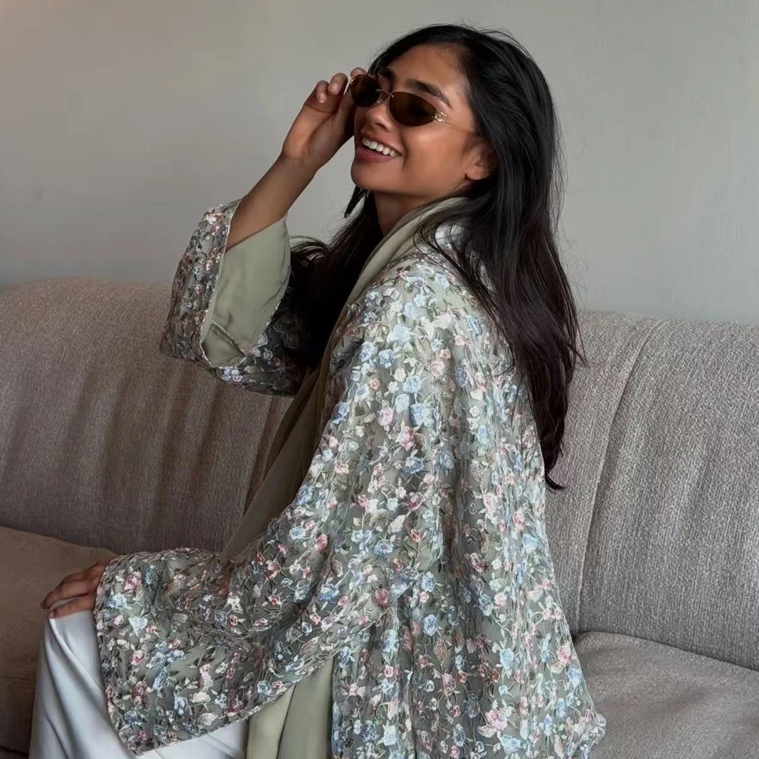 Romantic Vintage Luxury Loose-Fit Muslimah Abaya Full Floral Embroidery Hijabi Kimono Abaya Islam Eid Party Evening Resort Wear