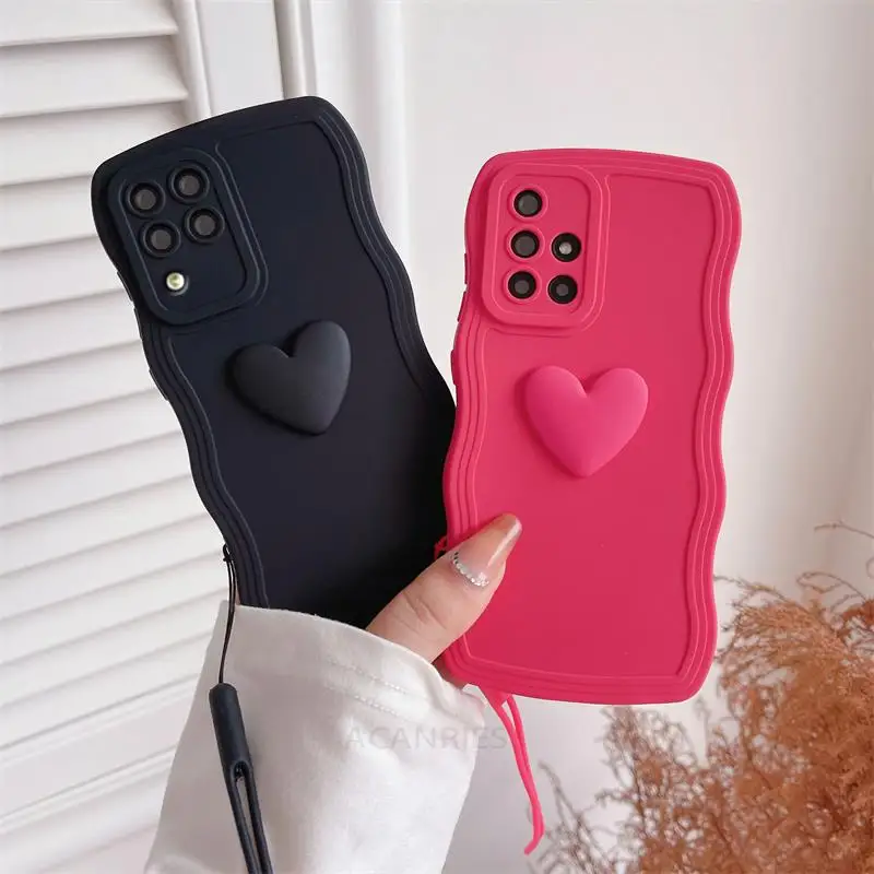 A 51 71 12 Love Heart Wavy Wrist Strap Silicone Case For Samsung Galaxy A51 A71 4g A12 A50 A7 2018 A03s A04s A30 Lanyard Cover