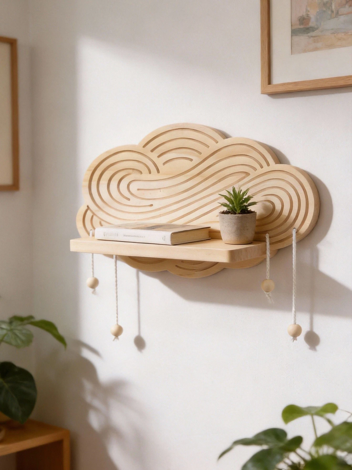 Wooden Cloud Shaped Wall Shelf with Bead Tassels Boho Floating Shelf for Nursery & Bedroom Rustic Wall Mounted Storage Organizer