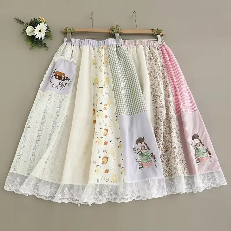 Spring Summer Japanese Vintage Mori Girl Cartoon Lace Patchwork Skirts Women Elastic Waist Patchwork A-Line Midi Skirt