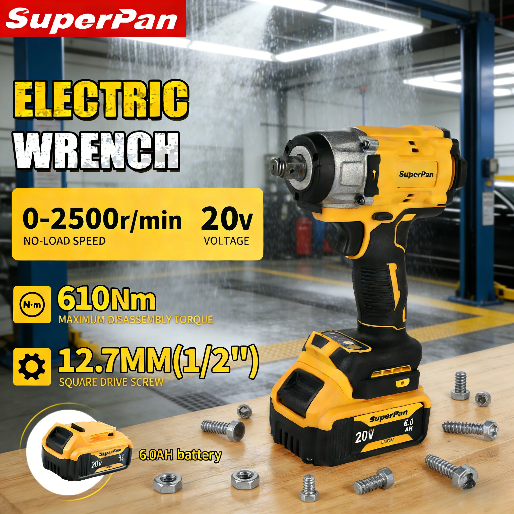 

Ударный гайковерт SuperPan SP922 для повседневных работ в гараже и небольших авторемонтных работ, совместим с аккумулятором DeWalt 20V.