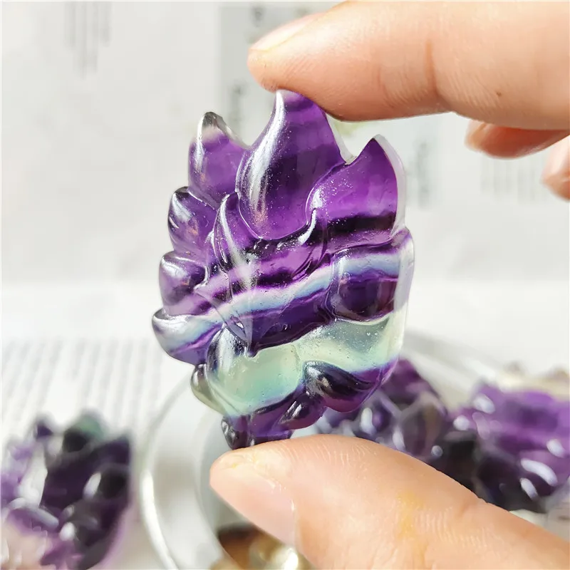 Natural Healing Crystal Stone Crafts Rainbow Fluorite Craving Nine Tailed Fox For Home Decoration