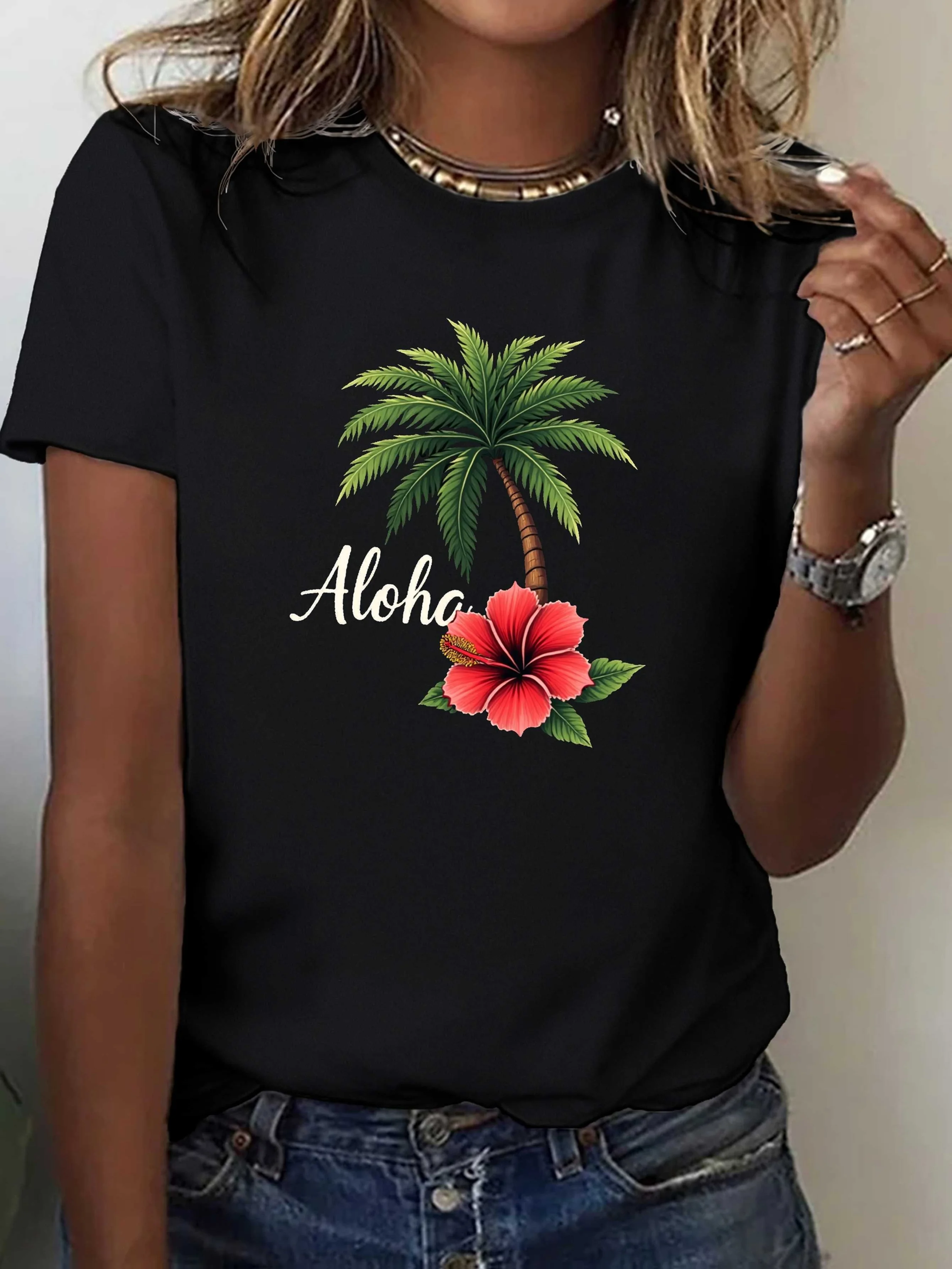 Women's Hawaiian Aloha T-Shirt Sleeve Round Neck Blouse with Hibiscus Palm Tree Print Harajuku Sleeve Casual Aesthetic Clothes