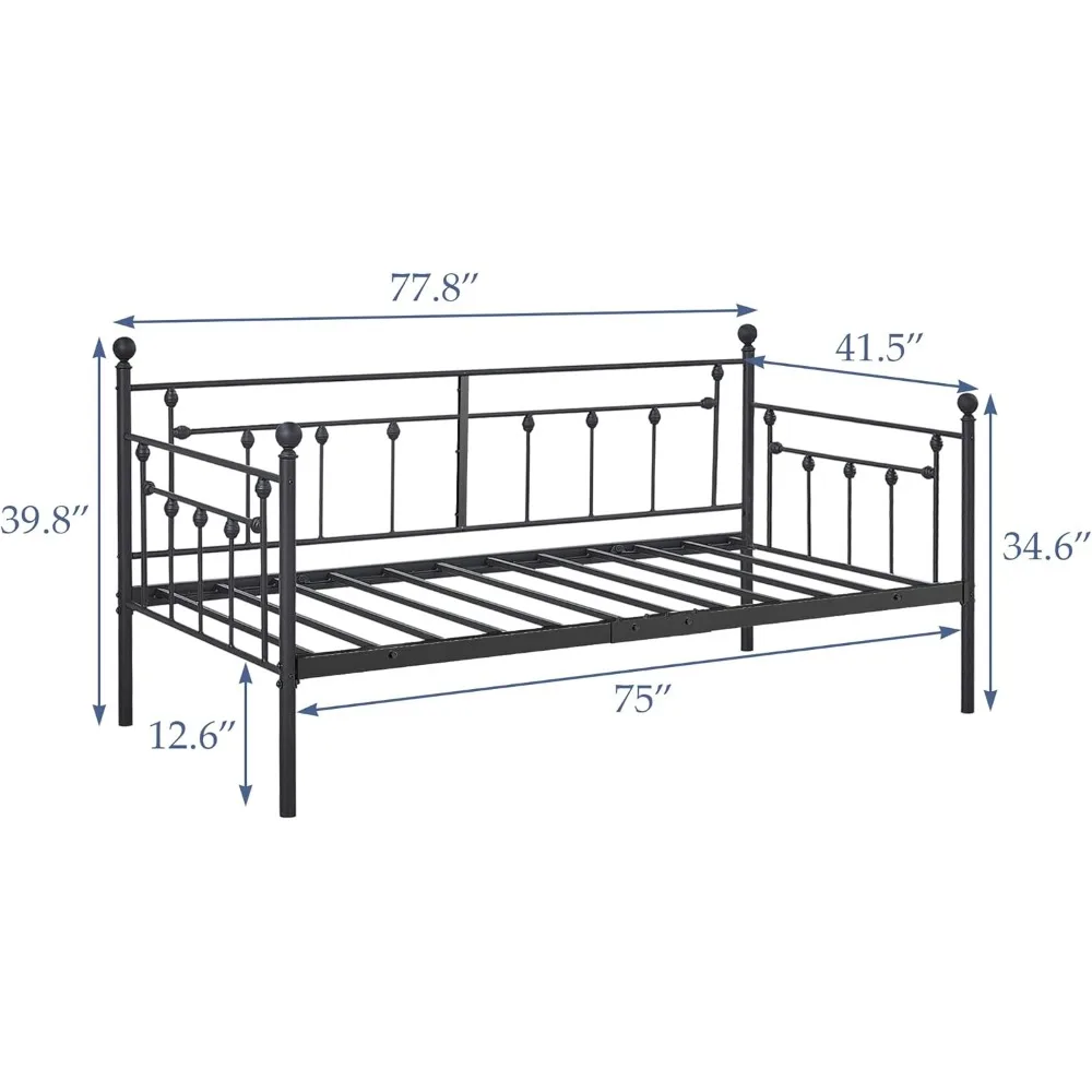 سرير نهاري معدني مزدوج الحجم مع لوح رأسي، وسرير أريكة بمنصة لغرفة المعيشة أو غرفة الضيوف، ودعم شرائح فولاذية شديدة التحمل #2