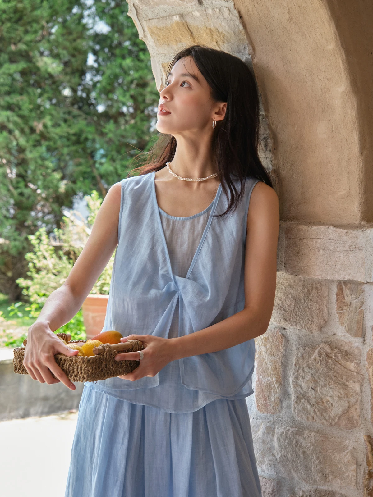 

Комплект Botanique "ui Qing Lan" из конопляного лиоцелла с эффектом двухслойности, летний, 2025, женский, модный, с круглым вырезом, короткий рукав, без застежек