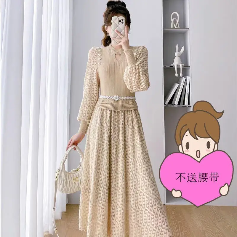 

Sweater Dresses Female Spring Autumn New Small Fragrant Wind Dress Women Retro Lace Fake Two-piece Stitching Pure Slim Vestidos