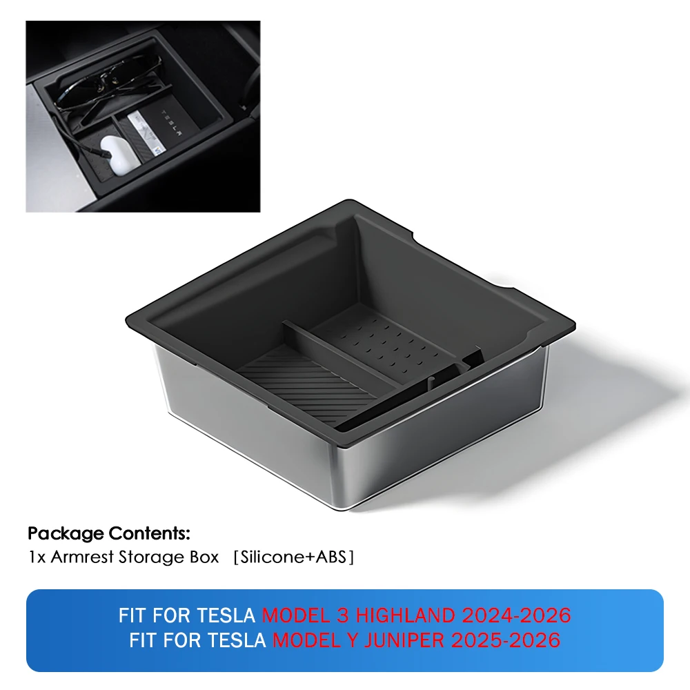 Heenvn Für Tesla Model Y Juniper & Model 3 Highland 2025-2026 ABS Mittelkonsolen-Organizer Ablage Armlehnen-Aufbewahrungsbox Zubehör