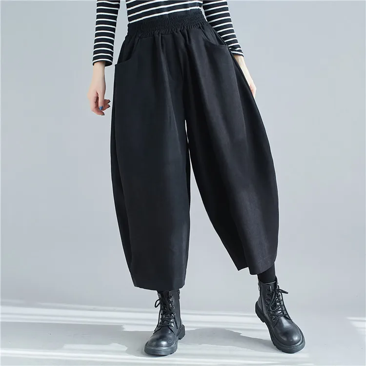 New 2026 Women's Solid Loose Casual Trousers Simple Elastic Waist Wide Leg Harem Pants Versatile Pockets Banana Pants Oversized