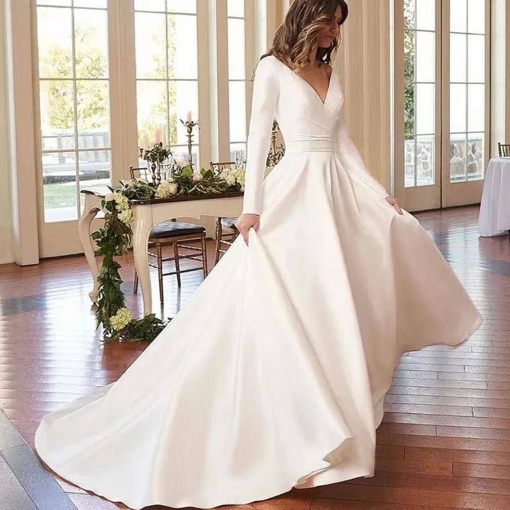 Customized V-Neck Long Sleeve A-Line Wedding Dresses 2025 Backless Satin Bridal Gowns For Women vestidos de novia