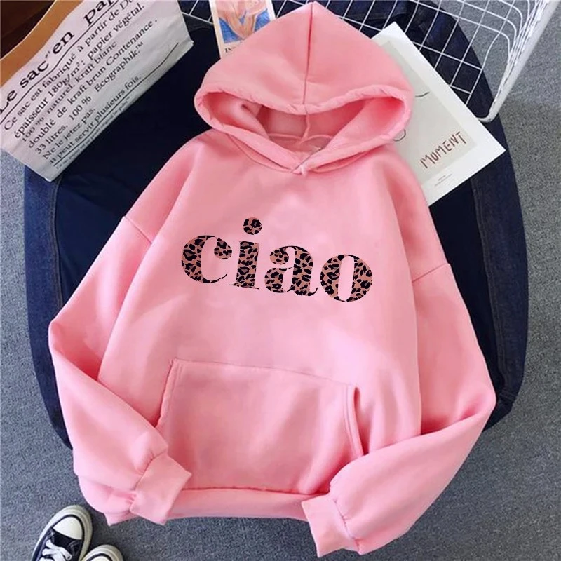2026 Letter Ciao Leopard Heartbeat Print Long Sleeve Hoodies Clothing Women's Harajuku Graphic Pocket Sweatshirts Winter Hooded