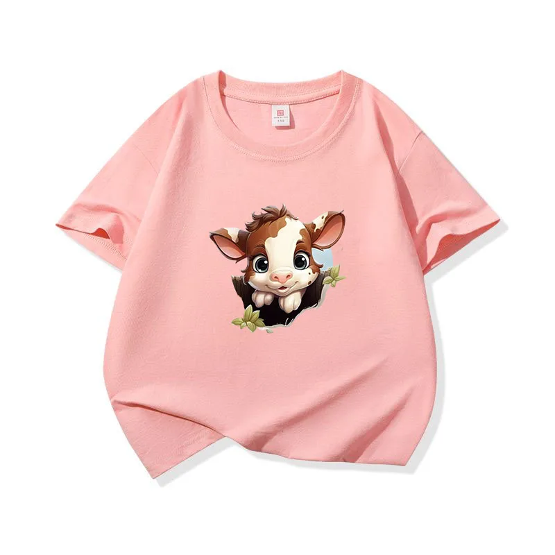 Kids Cotton T Shirt Cute Brown Baby Peeking Cow Print Crew Neck Short Sleeve Tee Casual Boys Girls Summer Tops